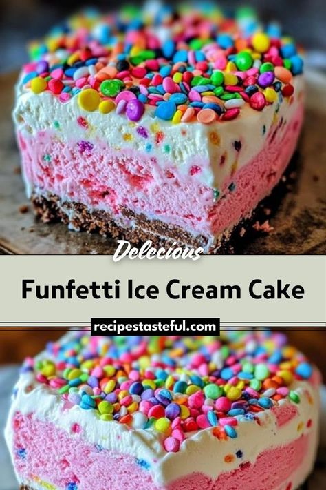 This Funfetti Ice Cream Cake is a colorful, delicious treat that's perfect for birthdays, parties, or just because! It features a crunchy cookie crust, a creamy pink ice cream layer, and is topped with sprinkles and candy for extra fun. Funfetti Ice Cream, Homemade Ice Cream Cake, Pink Ice Cream, Ice Cream Cake Recipe, Simple Delicious Recipes, Ice Cream Sprinkles, Wholesome Meals, Homemade Birthday, Ice Cream Cakes