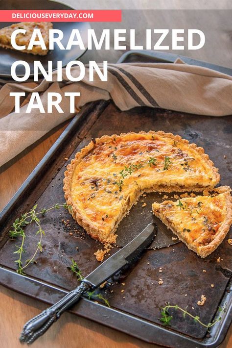 This caramelized onion tart makes a great vegetarian main dish or a hearty appetizer. Sweet and savory caramelized onions, thyme, and cheddar cheese are baked in a homemade pastry crust. (So much better than traditional puff pastry!) It's great for the holidays or everyday entertaining. #vegetarian #tart #onions #meatlessmeal Caramelised Onion Quiche, Lux Food, Appetizer Sweet, Caramelized Onion Tart, Vegetarian Tart, Savoury Pie, Caramelised Onion Tart, Mexican Salad Recipes, Caramelised Onions