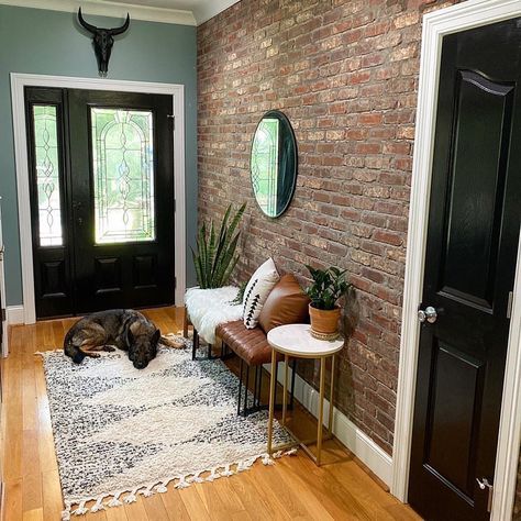 This entryway with our Castle Gate brick is just too gorgeous not to post. Props to @southernskyebeauty for the installation. I think… Brick Wall Hallway, Brick Entryway Wall, Castle Gate Brick, Brick Half Wall, Brick Entryway, Brick Interior Design, Brick Castle, Brick Wall Ideas, Diy Brick Wall