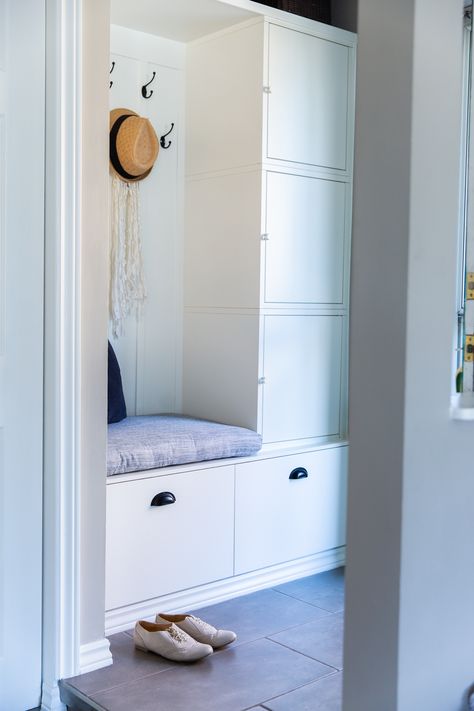 IKEA Hack Mudroom Built-ins Ikea Small Mudroom, Ikea Mudroom Garage, Ikea Hack For Mudroom, Mudroom Bench Ikea Hack, Ikea Mudroom Hack Storage Cabinets, Make Ikea Look Built In, Ikea Coat And Shoe Storage, Mudroom Built Ins With Bench Diy, Small Mudroom Cabinets