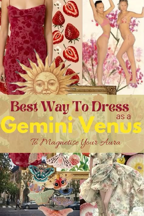 Looking for a way to elevate your style and feel more confident? Magnetize your aura by dressing according to your Venus sign! If you’re a Gemini Venus, your versatile and playful style reflects your lively and curious nature. To truly magnetize your aura, embrace vibrant colors, mix-and-match patterns, and trendy pieces that showcase your adaptability. Think bold prints, bright colors, and quirky accessories that express your ever-changing interests. #astrology #styleadvice #style #styleideas #styleguide #venus #magnetizeyouraura #gemini Dressing Like Your Venus Sign Gemini, Gemini Dressing Style, Gemini Wardrobe, Gemini Clothes Style, Venus In Gemini Style Outfits, Gemini Venus Fashion, Gemini Style Outfit, Gemini Venus Style Aesthetic, Venus In Gemini Aesthetic