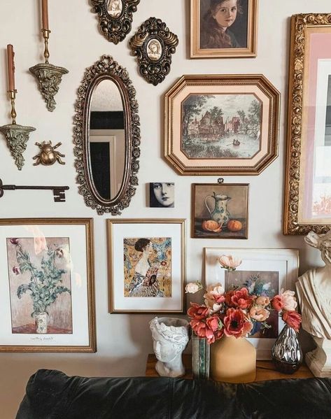 Antique Frame Collage Wall, Vintage Gallery Wall Above Bed, Antique Wall Collage, Vintage Picture Collage Wall, Vintage Wall Decoration, Gallery Wall With Wallpaper, Ornate Gallery Wall, Gallery Wall With Mirror, Vintage Wall Decor Living Room