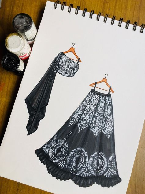 Portfolio Ideas For Fashion Designer, Lehanga Drawing Design, Blouse Drawing Sketches, Traditional Dresses Drawing, Desi Sketch, Dress Ideas Drawing, Saree Drawing, Dress Illustration Design, Basic Illustration