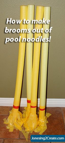 Worried your kids will kill each other with real brooms for Halloween? Make them with pool noodles! Harry Potter Camp Ideas, Harry Potter Camp, Harry Potter Summer Camp Ideas, Harry Potter Summer Camp, Harry Potter Pool Party Ideas, Diy Quidditch, Harry Potter Pool Party, Quidditch Game Diy, Diy Quidditch Broom