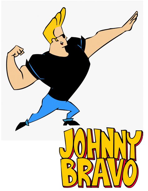 1997, Johnny Bravo has no shortage of confidence, and he's certain that all women want him. With his big hair and tight black clothes, he's known for his karate chops, accompanied by the sound of a bullwhip. (L26348) John Bravo, Johnny Bravo Cartoon, 90s Graphic Design, Cartoon Network Art, Cartoon Network Characters, Johnny Bravo, Tiki Art, Black Clothes, Star Wars Tattoo