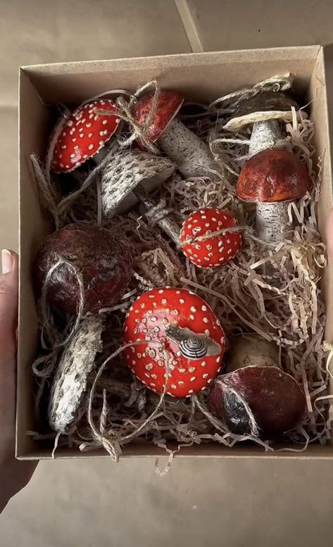 Magical DIY Mushroom Christmas Ornaments Mushroom Christmas Decorations, Mushroom Decorations Diy, Diy Cottagecore Christmas Ornaments, Diy Mushroom Art, Diy Woodland Ornaments, Upcycled Ornaments Diy, Diy Woodland Christmas Ornaments, Mushroom Craft Ideas, Diy Mushroom Ornaments