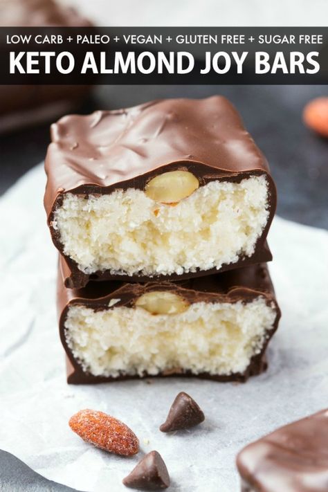 These Homemade Keto ALMOND JOY bars taste just like the original candy bar, but secretly healthy and low carb! 5 ingredients, 5 minutes, it's an EASY no bake candy dessert made without dairy and sugar free! Chocolate, coconut and almonds all in one! #ketodessert #ketogenicdessert #ketorecipe #keto #lowcarbdessert #almondjoy Keto Almond Joy, No Bake Candy, Almond Joy Bars, Ketogenic Desserts, Postre Keto, Keto Candy, Keto Chocolate Chips, Aip Diet, Keto Sweets