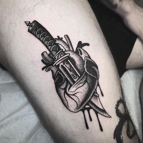 black anatomically correct hear with dagger going through it blood dripping heart tattoo on wrist thigh tattoo Dreamcatcher Tattoo Meaning, Heart Tattoo Wrist, Knife Tattoo, Foot Tattoos For Women, Tattoos Skull, Tatuaje A Color, Heart Tattoo Designs, Foot Tattoos, Couple Tattoos