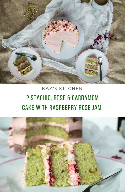 Pistachio, Rose & Cardamom Cake With Raspberry Rose Jam – Kay's Kitchen Pistachio Rose Cardamom Cake, Pistachio Rose Cake Recipe, Pistachio Rose Water Cake, Pistachio And Rose Cake, Rose Cardamom Cake, Cardamom Pistachio Cake, Cottagecore Dessert Recipes, Rose And Pistachio Cake, Pistachio And Raspberry Cake