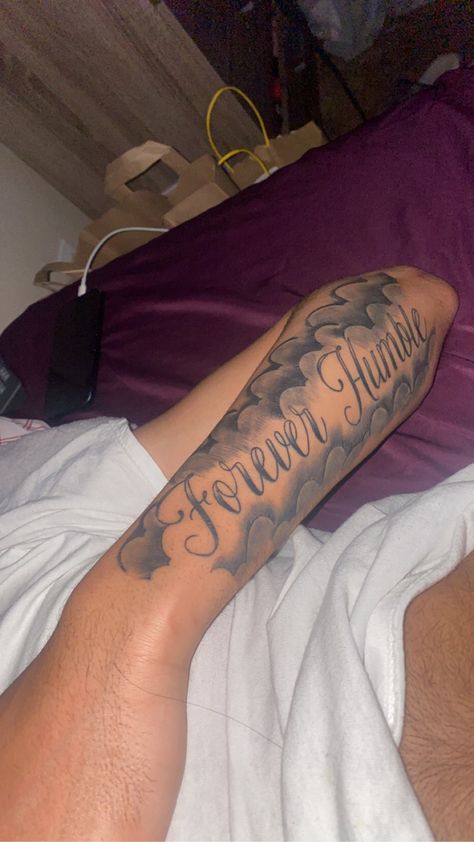 Simple Arm Sleeve Tattoo For Men, Soft Hand Tattoo, Cheap Tattoo Ideas For Men, Tattoo Designs Men Forearm Quotes, Humble Tattoo Men Forearm, Tattoo Ideas For Teens Boys Black, Forearm Tattoo Men Sleeve Quotes, Sidearm Tattoo Men, Forever Humble Tattoo