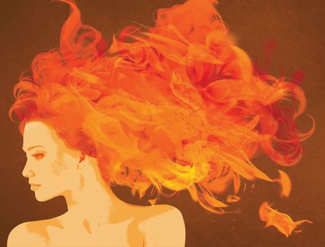 Fire Hair Illustration, Fire Hair Art, Fire Hair Drawing, Redhead Goddess, Fire Red Hair, Flame Hair, Fire Goddess, Fire Hair, Cartoon Hair