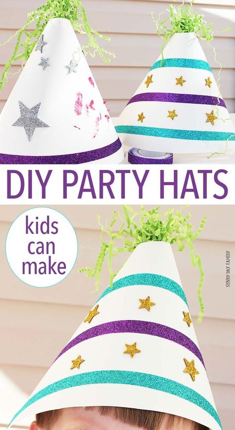 Make your own party hats! This is a fun kids craft for parties & holidays. Perfect for kids' birthday parties - make a party hat decorating station for a fun party activity! Or create your own party hats for any celebration. Super fun and really easy!  // For more family resources visit www.ifamilykc.com :) Christmas Party Hats For Kids, Diy Nye Hats For Kids, Diy Birthday Hats For Kids, Birthday Hats Diy, Party Hats Diy Template, Eyfs Books, Diy Birthday Hat, Diy Birthday Party Hats, Diy Party Hat