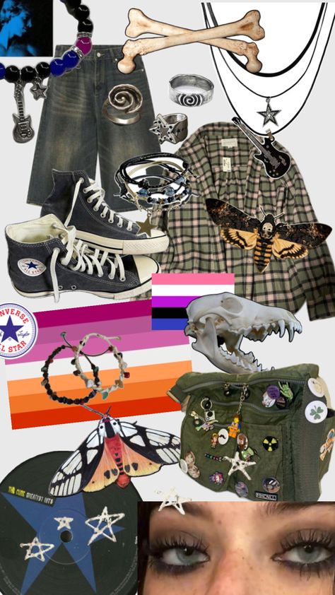 #grunge #lesbian #outfit #grudge #wlw #bones #jewlery Wlw Outfit, Want A Girlfriend, Me Core, Grunge Outfits, Bones, Clothes