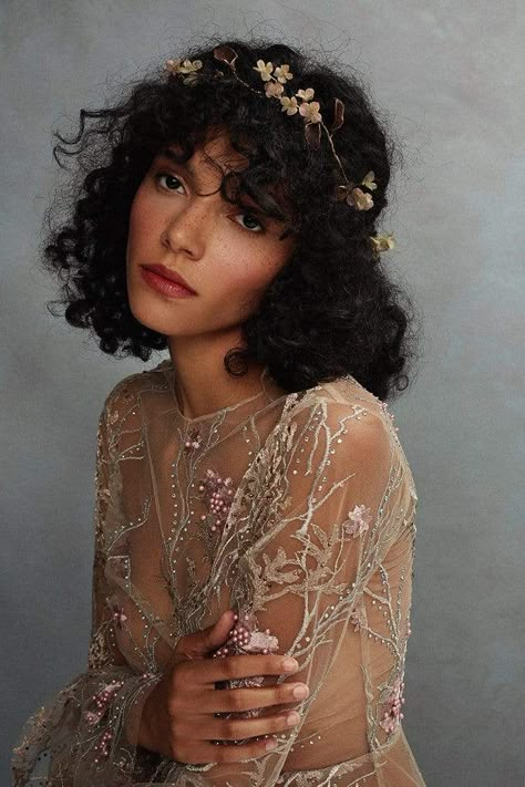 Curly Hair With Flower Crown, Ingenue Romantic, Curly Hairdos, Hydrangea Vine, Inner Sanctum, Face References, Boho Flower Crown, Bohemian Hairstyles, Flower Crown Wedding