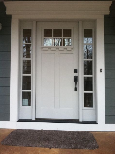 Crisp and clean just in time for spring.  Clopay Craftsman Collection fiberglass front door factory-painted in white with Clarion windows, sidelights and options dentil shelf molding. www.clopay.com Craftsman Front Door, Craftsman Entry, Entry Door Colors, Exterior Doors With Sidelights, Craftsman Front Doors, Entry Door With Sidelights, Pintu Interior, White Front Door, Fiberglass Front Door