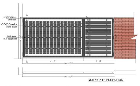 Autocad drawing of main gate elevation with dimensions Boundary Wall Railing Design, Gate Wall Design Modern, Small Gate Design Modern, Fabrication Gate, Creche Design, Gate Dimensions, Boundary Design, Modern Front Gate Design, Main Gate Ideas