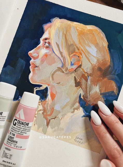 Acrylic Gouache Illustration, Mini Portrait Painting, Gauche Portrait Painting, Guache Portrait Paintings, Gouache Hair, Gouache Character, Gouache Face, Guache Art Gouache Painting, Gouache Painting Portrait