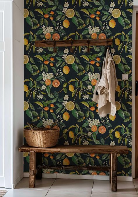 Brighten up your space with our whimsical citrus fruit peel and stick wallpaper Mural! 🍋🍊 Moody Wallpaper featuring a zesty pattern of lemons and oranges adorned with lush blossoms, this Removable wallpaper is perfect for infusing any room with a splash of tropical flair. Set against a rich dark wallpaper background, the bold colors pop and create a stunning contrast that will energize your decor. Choose from peel and stick  for easy DIY, or traditional unpasted for a classic touch.  Whether y Orange Accent Wall, Stick Wall Hanging, Tropical Wall Mural, Orange Accent Walls, Maximalist Wallpaper, Moody Wallpaper, Coastal Wallpaper, Fruit Wallpaper, Green Planet