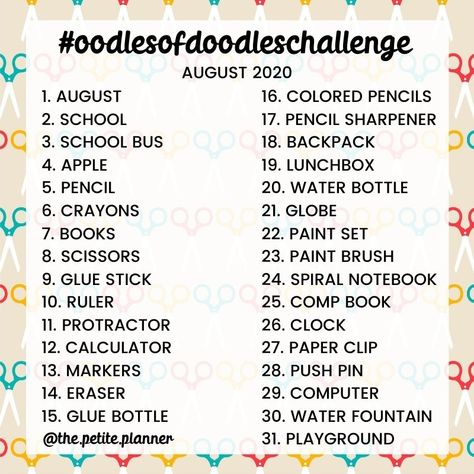 FREE PRINTABLE August Fall Doodle Challenge with Prompts! August Drawing Prompts, August Drawing, Crayon Book, Doodle Challenge, August Challenge, Sketchbook Challenge, 30 Day Drawing Challenge, Fine Point Pens, Drawing Prompts