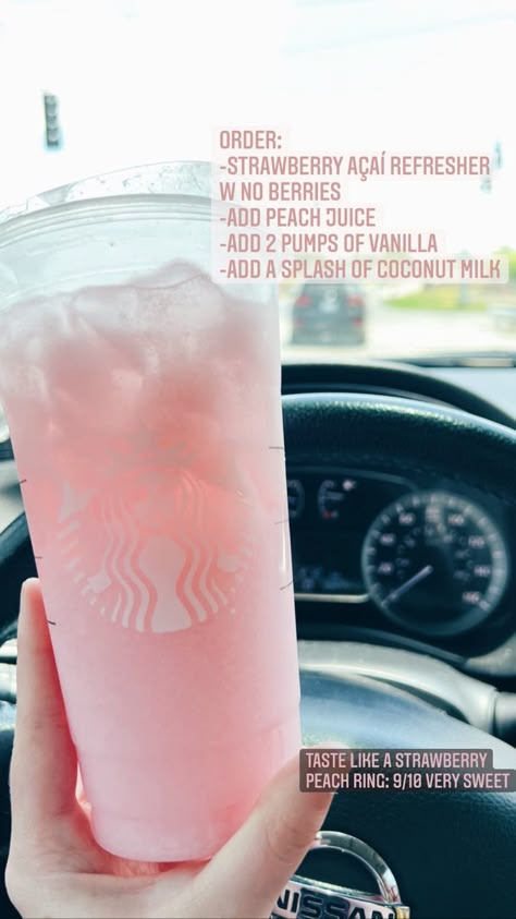 Strawberry Peach Starbucks Drink, Summer Berry Refresher, Best Starbucks Drinks No Coffee, Strawberry Acai Refresher Order, Starbucks Drinks With Coconut Milk, Coconut Starbucks Drinks, Strawberry Refresher Starbucks, Starbucks Drinks No Coffee, Strawberry Refresher