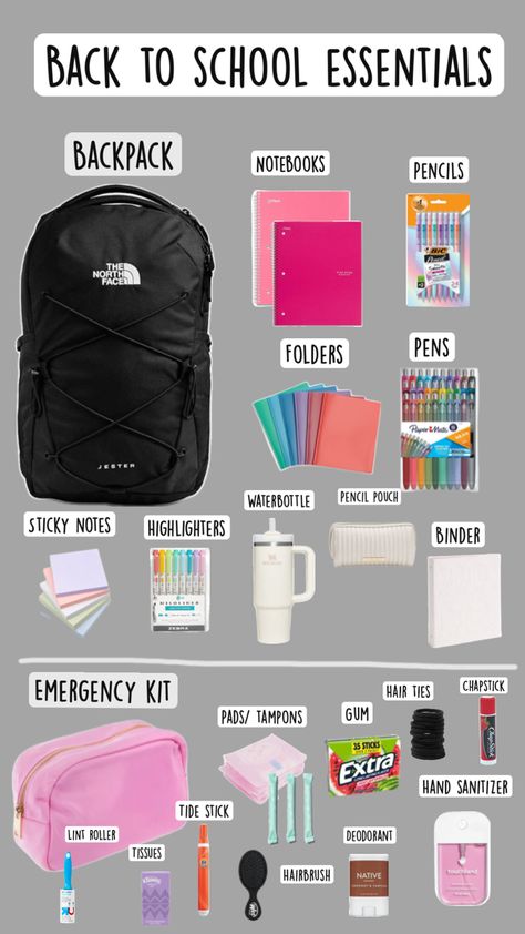 Middle School Essentials, School Emergency Kit, Preppy School Supplies, Middle School Survival, School Backpack Essentials, School Routine For Teens, School Survival Kits, Pretty School Supplies, School Preparation