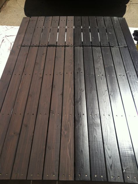 Cabot Cordovan Brown Deck Stain With Black Railing, Black And Stained Deck, Black Stained Deck Wood, Refinish Deck, Dark Brown Stained Deck, Fence Stain Colors, Cordovan Brown Stain, Dark Brown Fence Stain, Porch Stain