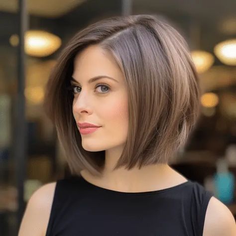 Sleek Angled Bob with Long Layers Brunette Angled Bob, One Length Bob Medium, Bob Hairstyles One Length, Medium Angled Bob Hairstyles, Classy Medium Length Haircut, Bobcut Hairstyles Medium, Mikado Haircut, Mid Length Bob With Layers, 2024 Bob Haircuts