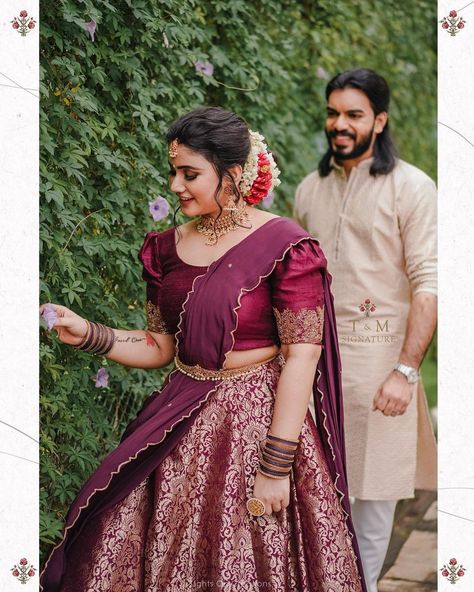 Hindu Engagement Dress, Engagement Dress Kerala, Hindu Engagement Dress Kerala, Hindu Couple, Hindu Engagement, Engagement Couple Dress, Long Skirt Top Designs, Dress Designs For Stitching, Long Skirt And Top