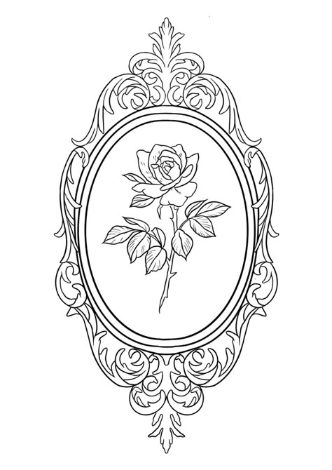 Vintage Hand Mirror Drawing, Frame Traditional Tattoo, Vintage Frame Drawing, Vintage Frame Tattoo, Line Art Stickers, Tattoo Frame, Learning To Tattoo, Frame Reference, Practice Tattoos