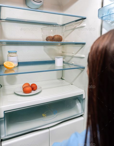 Girl looking at empty fridge due to a crisis by dobledphoto. Worried girl looking at the almost empty fridge due to a crisis #Sponsored #fridge, #due, #Girl, #empty Empty Fridge, Kitchen Props, Fridge Photos, 100 Days Of Real Food, Business Card Design Minimal, Childhood Aesthetic, Tiktok Challenge, Passport Pictures, Film Shot