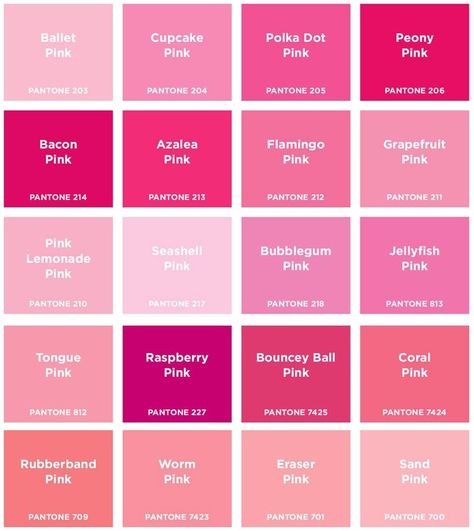 Shades Of Pink Names, Pink Color Chart, Pink Pantone, Color Names Chart, Pantone Color Chart, Color Knowledge, Pantone Colour Palettes, Color Mixing Chart, Hex Color Palette