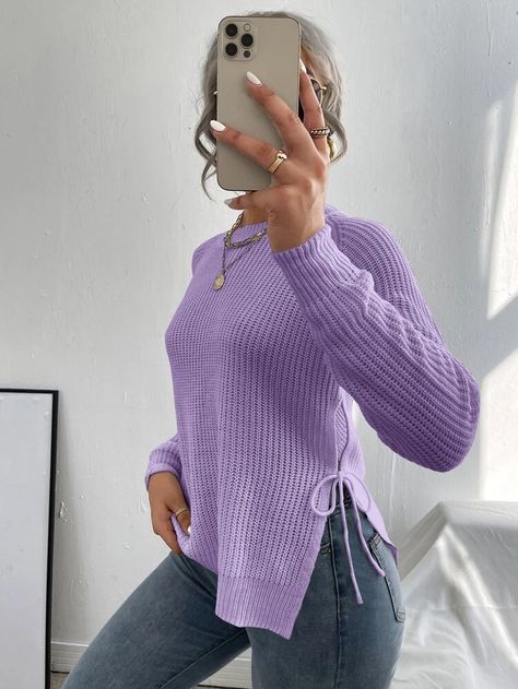 Split Knot Side Raglan Sleeve Sweater | SHEIN USA Knot Sweater Outfit, Knot Sweater, Hot Pink Sweater, Raglan Sleeve Sweater, Hot Sweater, Easy Winter Outfit, Purple Outfits, Drop Shoulder Sweaters, Casual Cardigans