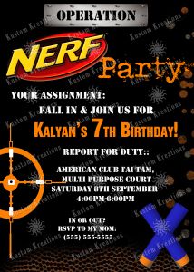 Nerf Birthday Invitations, Nerf Party Invitations, 3rd Birthday Party For Boy, Army Birthday Parties, Birthday Party Invitations Free, Sleepover Invitations, Nerf Birthday Party, Bday Party Kids, Nerf Party