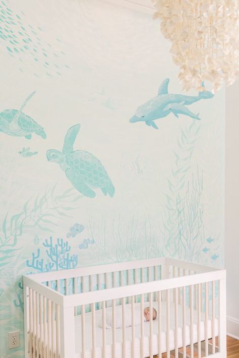 Water Themed Nursery Ideas, Sea Animal Themed Nursery, Pastel Ocean Nursery, Under Sea Mural, Underwater Nursery Theme Girl, Water Theme Nursery, Gender Neutral Ocean Themed Nursery, Under The Sea Girls Bedroom, Ocean Themed Nursery Girl