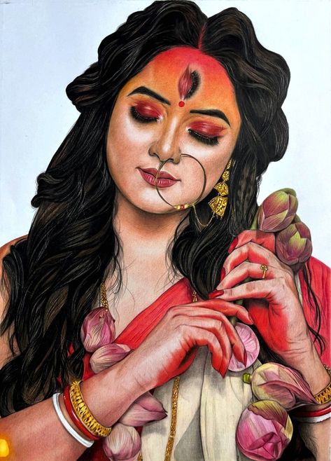 Shivji Watercolor Painting, Background For Portrait Drawing, Hair With Flowers Drawing, Drawing On Durga Puja, Lord Durga Drawing, Durga Puja Drawing Ideas, Durga Maa Paintings Face, Devi Durga Drawing, Devi Maa Drawing