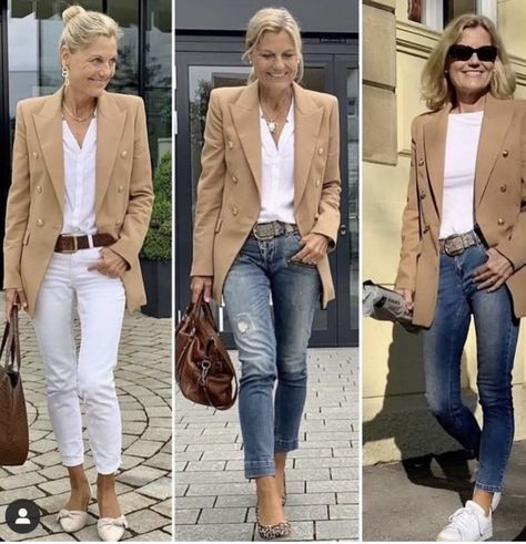 Tan Blazer Jeans Outfit, Tan Blazer Outfits Women, Tan Blazer Outfit, Tan Blazer Outfits, Blazer Outfits Women, Khaki Blazer, Classic Capsule Wardrobe, Blazer Outfits For Women, Tan Blazer