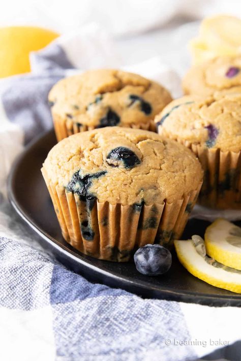 Healthy Lemon Blueberry Muffins - Beaming Baker Oatmeal Blueberry Muffins Healthy, Banana Blueberry Oatmeal Muffins, Blueberry Protein Muffins, Vegan Blueberry Muffins, Blueberry Oatmeal Muffins, Banana Oatmeal Muffins, Healthy Blueberry Muffins, Banana Blueberry Muffins, Lemon Blueberry Muffins