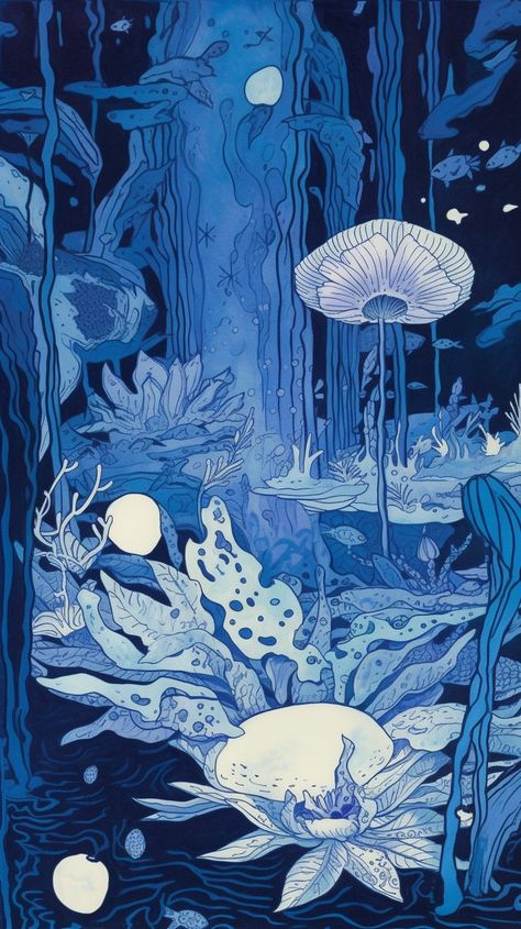 Deep Sea Illustration, Deep Sea Art, Dark Underwater, Plywood Painting, Underwater Forest, Underwater Illustration, Studio Drawing, Forest God, Folklore Art