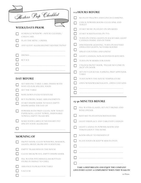 The checklist for party hosting from window cleaning to checking guest food allergies to 15 minutes before guests arrive! Download now. Holiday Party Planning Checklist, Holiday Hosting Checklist, Party List Checklist, Checklist For Party, Party Cleaning Checklist, Christmas Dinner Checklist, Hosting Checklist, Dinner Party Checklist, Christmas Party Checklist