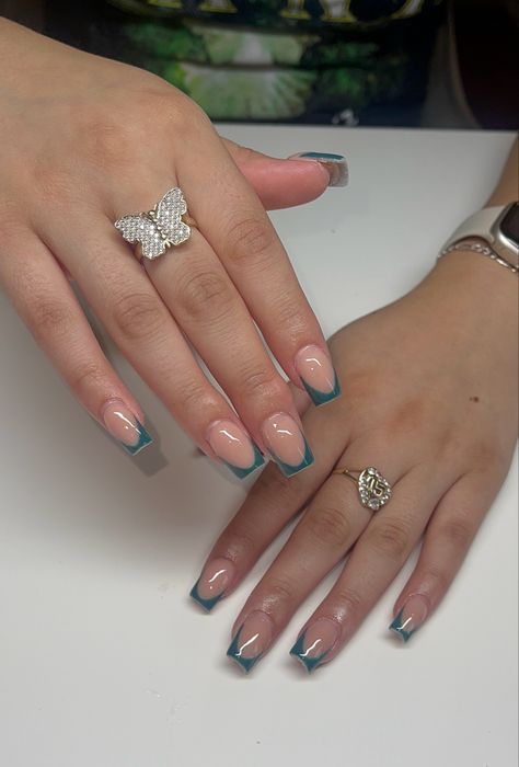 French Teal Nails, Short Square Acrylic Nails Teal, White Teal Nails, Ink Blue Nails, Dark Turquoise Nails Acrylic, Teal Blue French Tip Nails, Dark Teal Prom Nails, Torquise Nails French Tip, Dark Turquoise Nails Designs