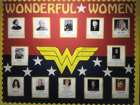 My Women’s History Month board from another angle! Wonder Woman Bulletin Board, Womens History Door Decoration, Womens History Month Bulletin Board Ra, Women’s History Month Bulletin Board, Women History Month Bulletin Board, Superhero Door, Women History Month Activities, History Bulletin Boards, Work Bulletin Boards