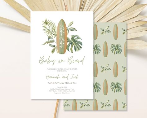 Watercolour Foliage, Wooden Surfboard, Tropical Baby Shower, Gender Neutral Baby Shower Invitations, Coed Baby Shower, Baby On Board, Tropical Green, Perfect Baby Shower, Baby Shower Invite