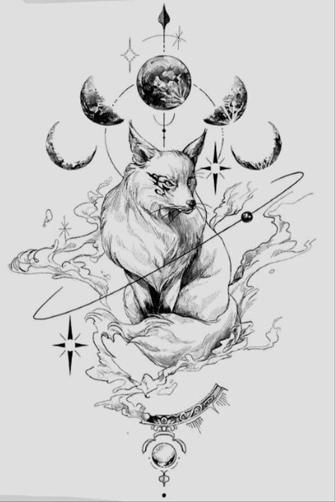 Japanese Wolf Tattoo Design, Fox Tattoo Ideas, Tattoos Sketches, Mysterious Tattoo, Fox Tattoos, Tree Sleeve, Arte Aries, Art Deco Tattoo, Fox Tattoo Design