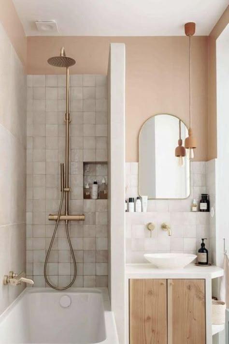 Peach Bathroom, Beige Bathroom Ideas, Narrow Bathroom, Beige Bathroom, Aesthetic Bathroom, Tiny Bathrooms, Bad Design, Tiny Bathroom, Bathroom Wallpaper