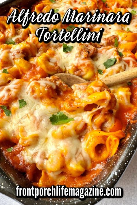 Alfredo marinara tortellini recipe is simple and takes 10 minutes to put together and 40 minutes to bake. This casserole is perfect for a busy weeknight dinner meal for family or serve it to guests.  Delicious made with Italian sausage, ground beef or ground turkey. Sausage And Tortellini Bake, Sausage Tortellini Casserole, Tortellini Casserole Alfredo, Ground Chicken Tortellini Recipes, Tortelinni Bake, Italian Sausage Tortellini Bake, Tortellini Recipes With Marinara, Tortellini Bake Alfredo Marinara Sauce, Ground Meat And Tortellini