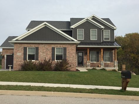 certainteed-landmark-pewter-grey-roof ... Dark Grey Siding, Red Brick House Exterior, Red Brick Exteriors, Metal Roof Houses, Grey Siding, Vertical Siding, Light Brick, Brick Ranch, Home Exterior Makeover