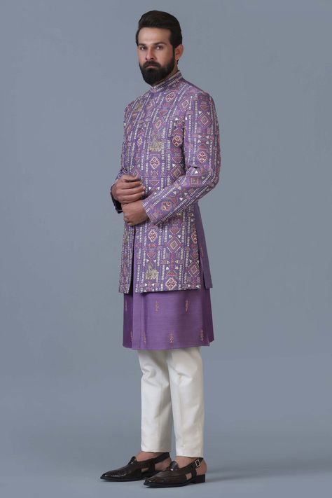 Lavender Indian Outfit, Lilac Suit Men, Engagement Outfit For Man, Indowestern Outfits For Men, Indo Western Outfits For Men, Suits For Guys, Lavender Outfit, Wedding Kurta, Shades For Men