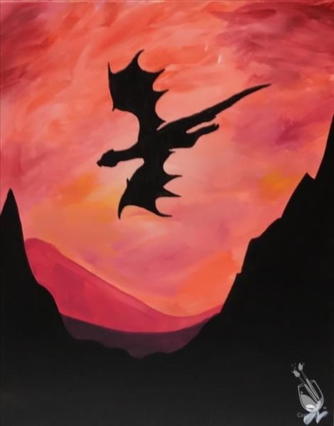 How to Paint Dragon Sunset- ALL AGES!! Birthday Drawing Ideas, Model Clay, Friendly Dragon, Birthday Drawing, Dragon Painting, Painting With A Twist, Paint Studio, Dragon Silhouette, Kids Camp