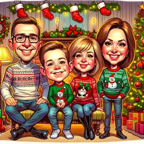 Christmas Family Caricature Drawing - A funny and personalized gift for the whole family. #christmas #family . #Family_Caricature #Caricature_Gifts #Personalized_Caricature #Drawing_Poster Family Caricatures, Christmas Caricature, Gift Website, Caricature Examples, Custom Family Illustration, Caricature Gifts, Drawing Christmas, Personalized Caricature, Funny Cartoon Characters