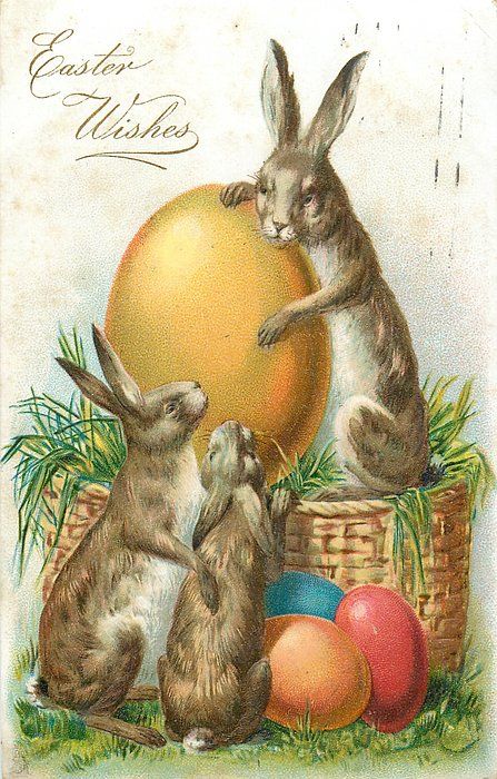 EASTER WISHES three rabbits on & in front of basket, with colored eggs - TuckDB Postcards Three Rabbits, Easter Creative, Victorian Easter, Beatrice Potter, Spring Rabbit, Easter Vintage, Easter Poster, Vintage Easter Postcards, Vintage Easter Cards